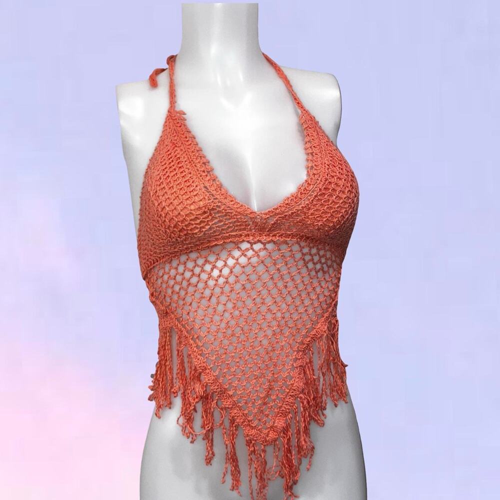 Vintage 90s y2k peach colored crochet fringe top